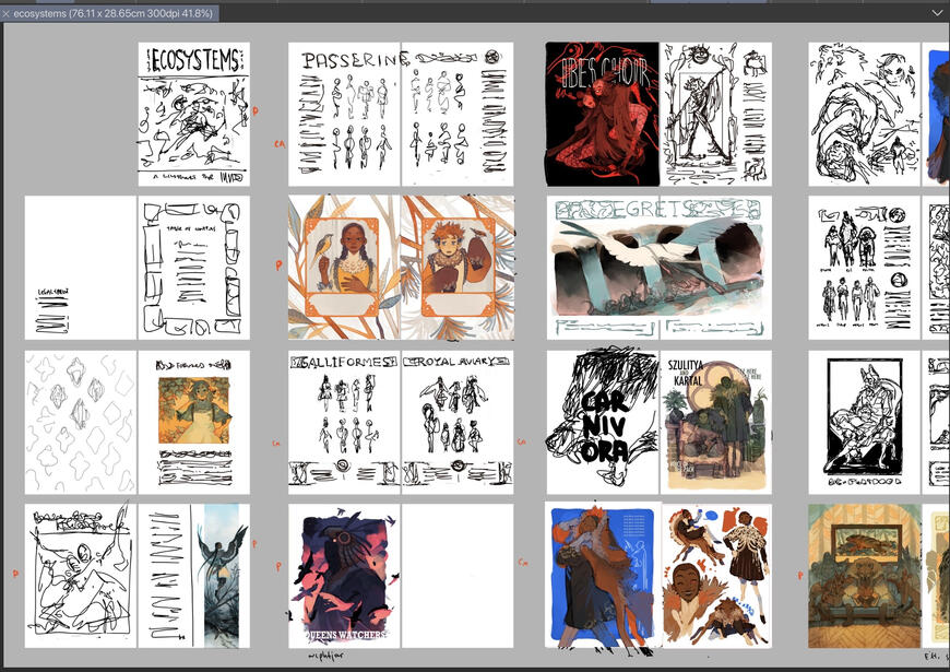 Screenshots of half of the book layout sketches and some of the work-in-progress artwork as well as completed pages slotted into their places.
