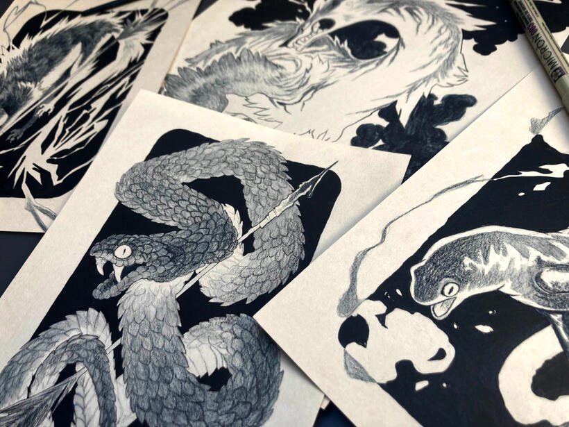 I create original ink artwork for sale at conventions.